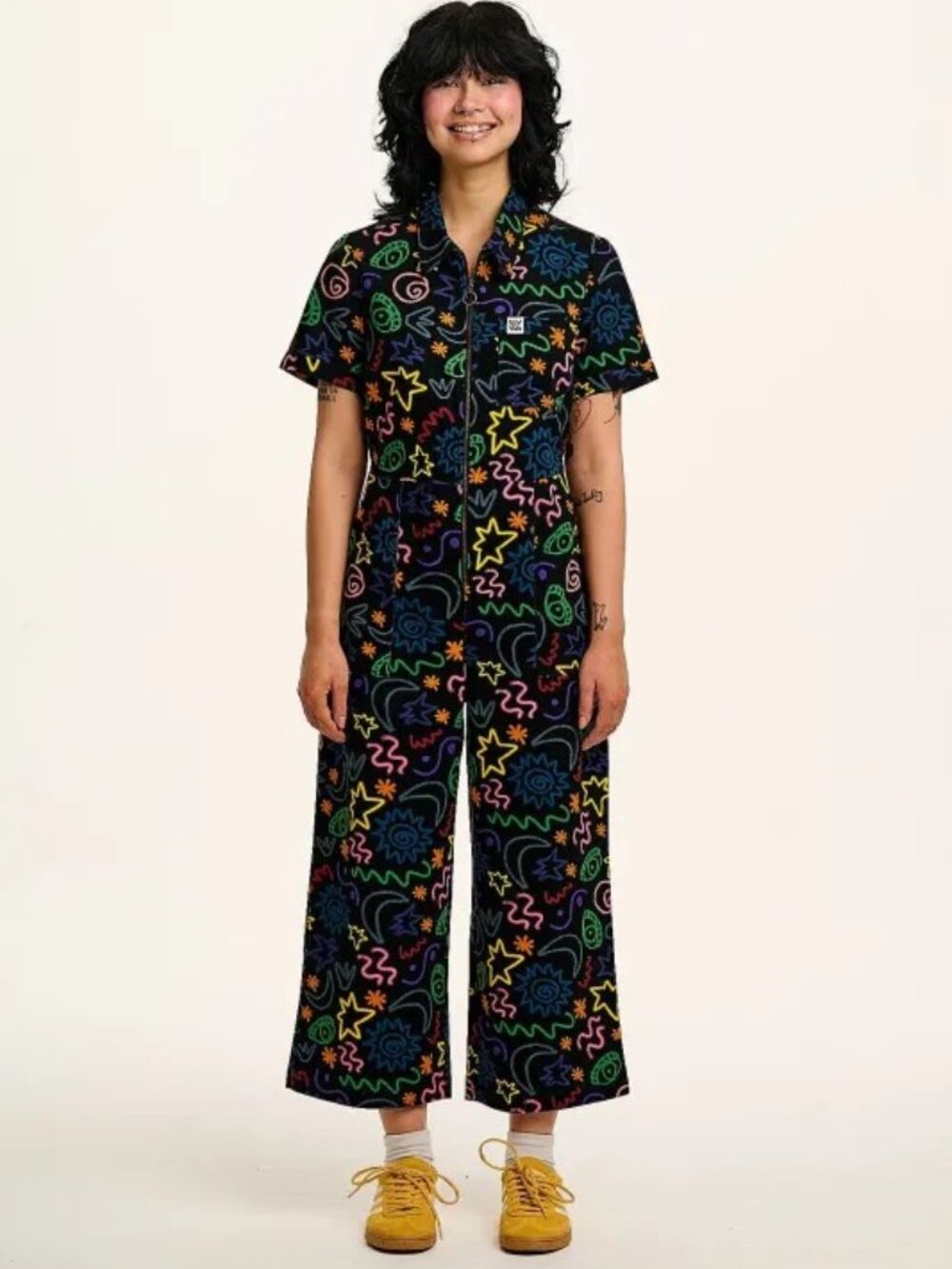 Lucy & Yak Ragan Jumpsuit Apollo Print Black Doodle UK 12